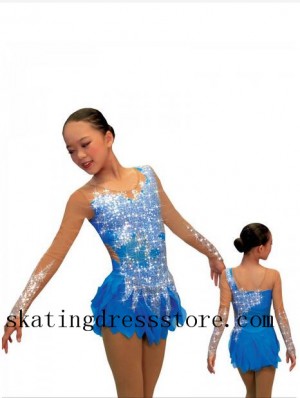 Competition Ice Skating Dress Blue Children Long Sleeves Sharene Skatewear Gilrs S028