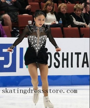 Beaded black swan figure skating dress women long sleeves or sleeveless custom spandex FC1689