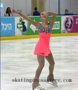 blue ice skating dress girls custom Pink long sleeves or sleeveless Beaded FC700