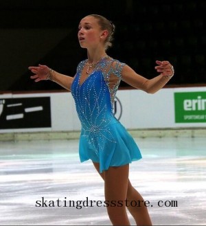 red figure skating dress Lycra Blue Beaded FC650