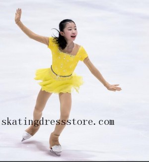 long sleeves or sleeveless free shipping yellow ice skating dress FC1409