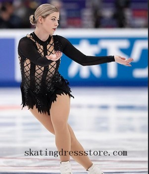 spandex Black kids gold ice skating dress custom free shipping FC1076