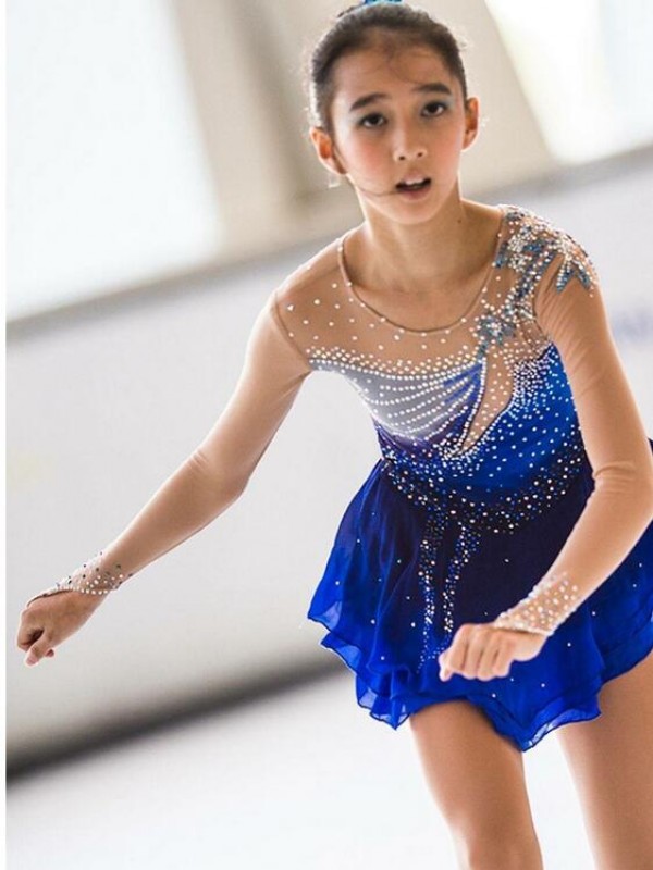 Blue Ice Skating Dress Girls Color Gradient Long Sleeves B1508 Women 