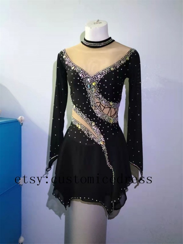 black figure skating dress with sleeves front