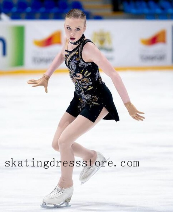 women long sleeves or sleeveless girls free shipping Black figure skating dress code FC1265 SkatingDressStore
