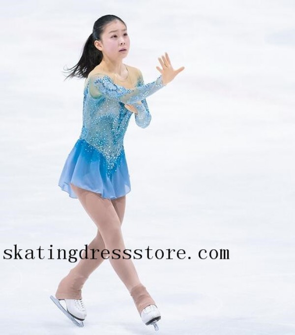 spandex Lycra Blue figure skating dresses skirted leotard Beaded