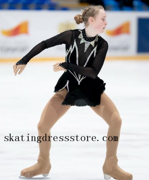 green ice skating dress Mint Green Figure Skating Dress For Girls  Rhinestone Appliqu Ice  Performance Costume With Mesh Long Sleeves